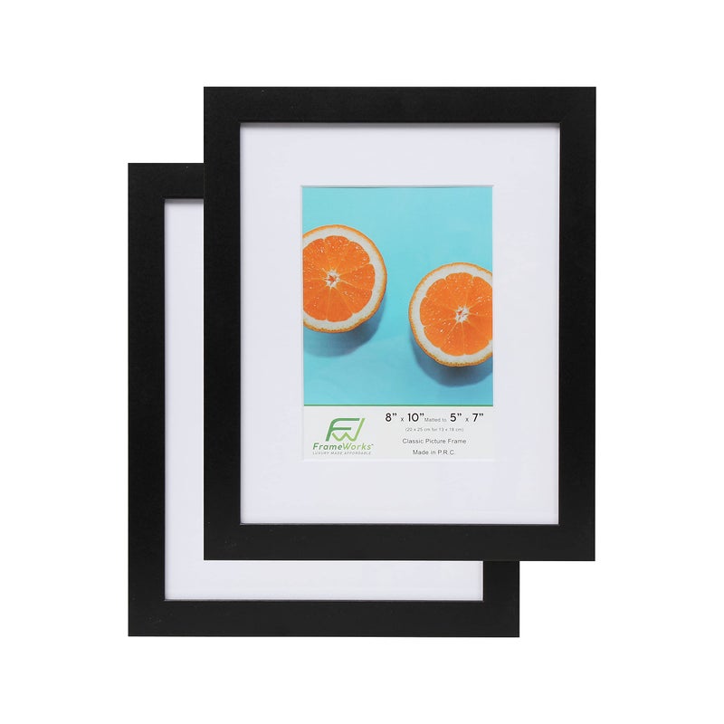FrameWorks 2-Pack، 8x10 إطار صورة غير لامع إلى 5x7، أسود - إطار صورة كلاسيكي مع زجاج مقسّى، إطار صورة بحواف نظيفة، إطار ملصق بلمسة نهائية بيضاء غير لامعة، إطار شهادة - Image 1
